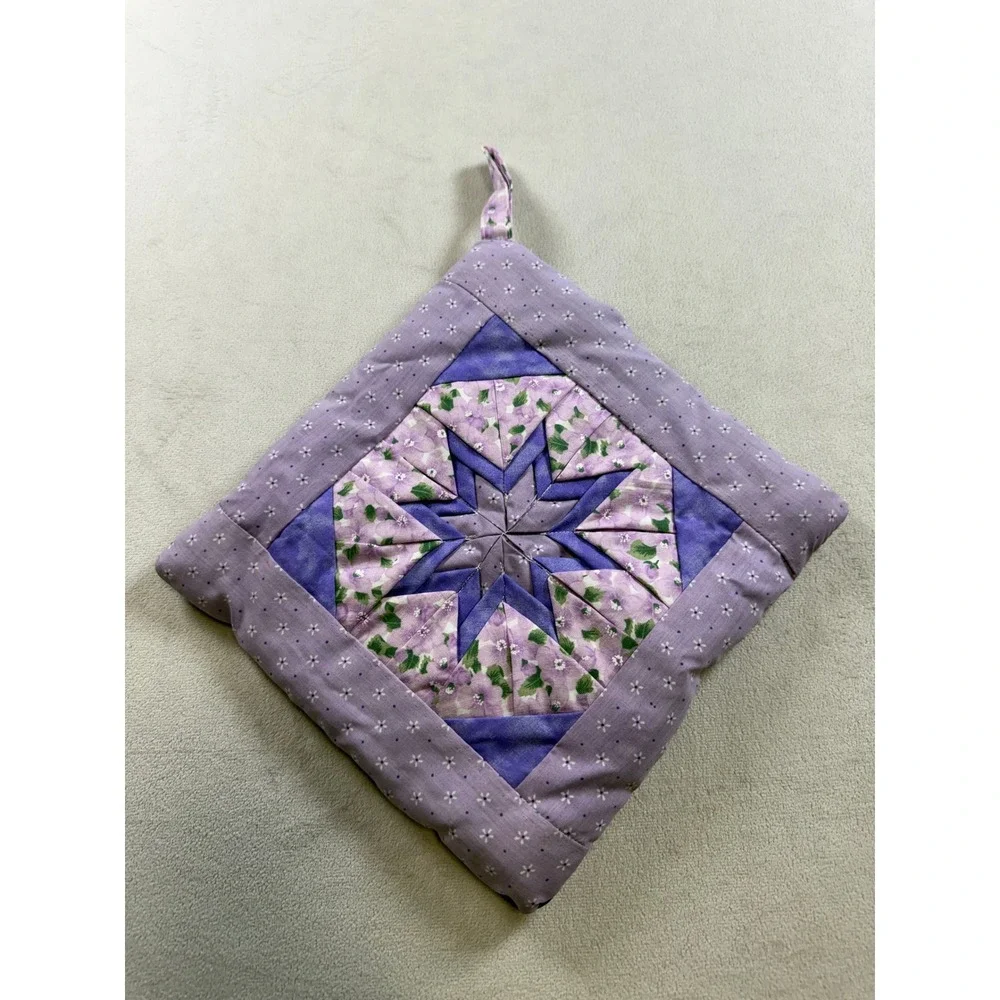 Handmade Quilted Folded Star Pot Holder Purple Floral Patchwork Trivet 8.5